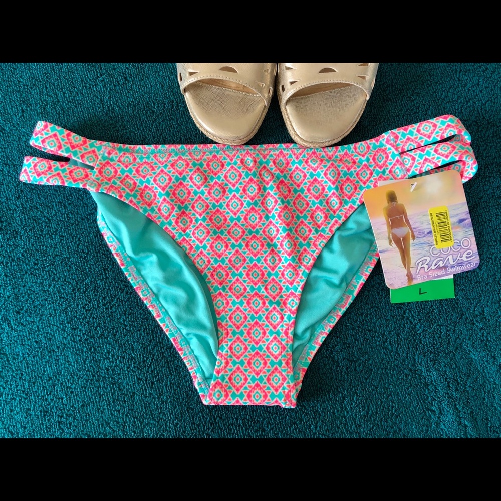 Coco Rave Strappy Bikini Bottom Size L 12/14 Pink Aqua NWT Swim Hip Fit
